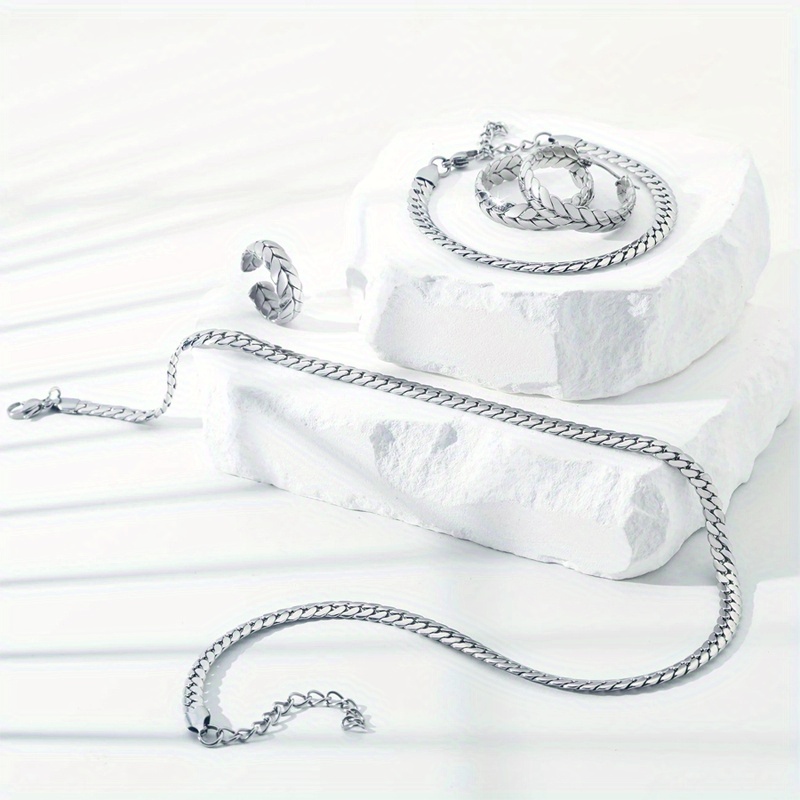 925 Silver Flat Chain Jewelry Set 4pcs